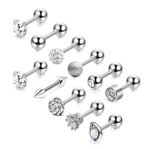 VFUN 16G Chirurgenstahl Knorpel Ohr Piercing für Damen Herren CZ Opal Kugel Tragus Helix Piercing Stud Ohrstecker Schmuck Stab 6MM 11 Stück - Silber von VFUN