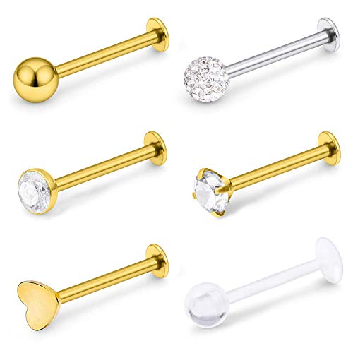 VFUN 16G Chirurgenstahl Labret Studs Monroe Piercing Lippenpiercing Retainer Cartilage Tragus Nail Conch Helix Ohr Barbell Piercing Schmuck mit Diamond CZ für Damen Herren - Gold von VFUN