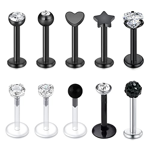 VFUN 16G Lippenpiercing Labret Piercing Stab 8MM Chirurgenstahl Tragus Piercing Diamond CZ Herz Medusa Piercing Forward Helix Piercing für Damen 10 Stück Ashley Piercing Lippe Schwarz von VFUN