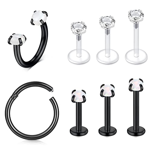VFUN 16G Tragus Chirurgenstahl Opal Hufeisen Hinged Segmentring Septum Clicker Helix Ohr Knorpel Stecker für Damen Labret Black von VFUN