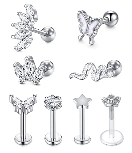 VFUN 16G Tragus Piercing mit Schmetterling Schlange Diamond CZ Chirurgenstahl Helix Ohr Conch Stecker Ohrpiercing Damen Piercing Silber von VFUN