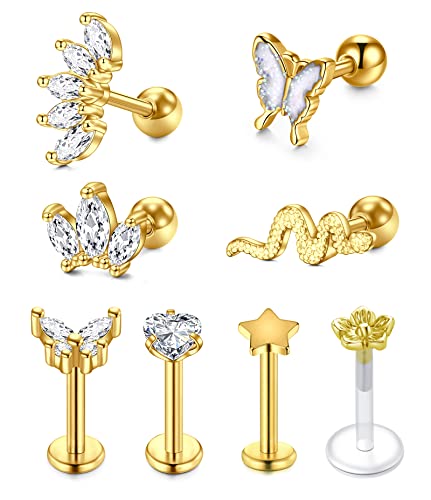 VFUN 16G Tragus Piercing Mit Schmetterling Schlange Diamond CZ Chirurgenstahl Helix Ohr Conch Stecker Damen Gold von VFUN