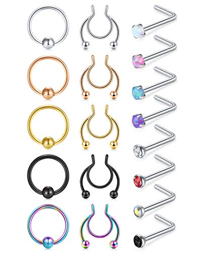 VFUN 20G Nasenpiercing L-Förmig Chirurgenstahl Diamant Opal Fake Nasenpiercing Fake Septum Nostril Piercing Piercing Körperschmuck Damen Herren von VFUN