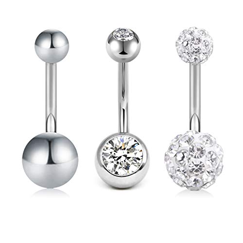 VFUN 3 Stück 14G 10mm klar Kristal CZ Chirurgenstahl Kurz Bauchnabelpiercing Bananabell Piercing Bauchnabel Ringe Piercing Damen Herren - Silber von VFUN