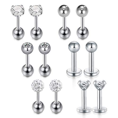 VFUN 6 Paare 16G Chirurgenstahl Helix Ohr Piercing Stecker für Damen Herren Barbell Stud Ohrringe CZ Cartilage Tragus Ohr Ohr Piercing - Silber von VFUN