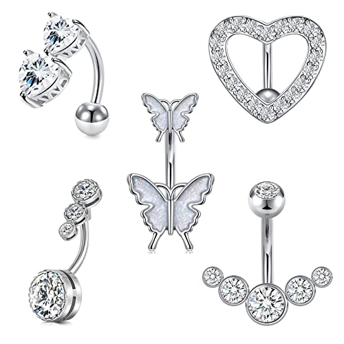 VFUN Bauchnabelpiercing Schmetterling 14G Reverse Herz Belly Piercing für Damen Diamond CZ Bauchpiercing 10MM Bananabells Piercing Bauchnabel 5 Stück - Silber von VFUN