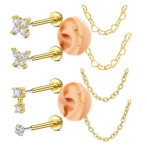 VFUN Flat Back Ohrringe Ohrstecker Mit Kette Hypoallergene Ohrringe Für Frauen Tragus Knorpel Lippen Medusa Piercing Schmuck von VFUN