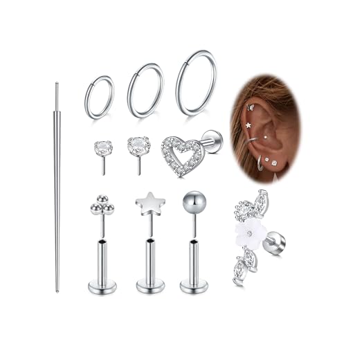 VFUN Push In Ohrstecker, 16G Flat Back Ohrringe, Hypoallergenic Threadless Stud Multi-Pack, Edelstahl-Ohrring-Sets, Push-In Knorpel Helix Tragus Piercing Nase Für Frauen von VFUN