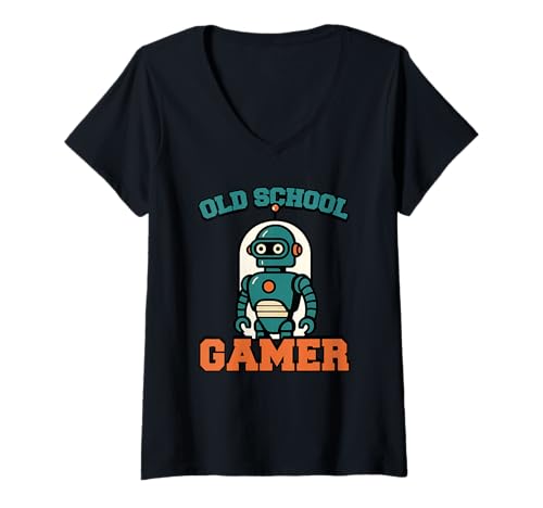Damen Old School Gamer Retro Roboter T-Shirt mit V-Ausschnitt von VG Productions