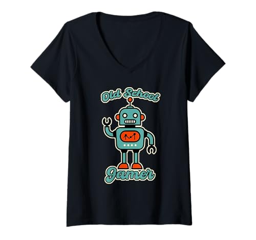 Damen Old School Gamer Retro Roboter T-Shirt mit V-Ausschnitt von VG Productions