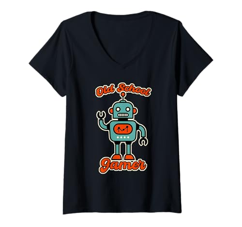 Damen Old School Gamer Retro Roboter T-Shirt mit V-Ausschnitt von VG Productions