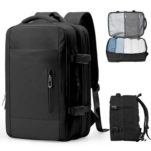 VGCUB Großer Reiserucksack, Handgepäck-Rucksack für Damen und Herren, von Fluggesellschaften zugelassen, Turn-Rucksack, wasserdicht, Business-Laptop-Tagesrucksack, A-Schwarz, Extra large-Expansion, von VGCUB