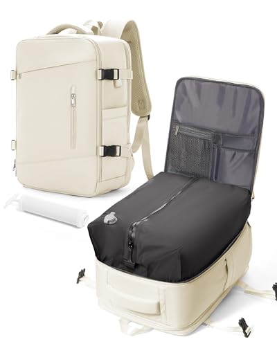 VGCUB Vakuum Rucksack Handgepäck mit Vakuumsystem Manuelle Pumpe Reiserucksack Vakuumbeutel für Kleidung Reise Staubsauger Spacevac Airbag Rucksack Wasserdicht Damen Herren Vacuum Backpack Beige von VGCUB