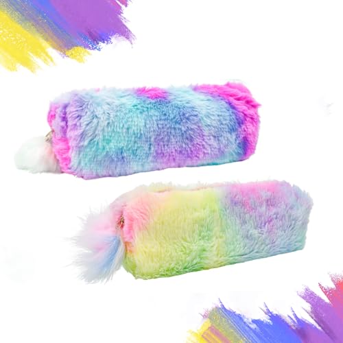 VGECEE 2 Stück Federmäppchen Mädchen Plüsch Regenbogen Weiches Federmäppchen Kramfedertasche Schlampermäppchen Mädchen Stifteetui Plüsch Aufbewahrungstasche Schreibwaren für Kinder von VGECEE