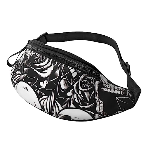 Bauchtasche mit Reißverschluss und Kopfhörerloch, mit verstellbarem Gürtel für Männer und Frauen, Schwarzer Totenkopf mit Blumenmuster, Einheitsgröße von VGFJHNDF