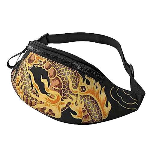 Bauchtasche mit afrikanischen Nationalmustern, mit Reißverschluss und Kopfhörerloch, zum Laufen, mit verstellbarem Gürtel für Damen und Herren, Gelber Drache, schwarzer Hintergrund, Einheitsgröße von VGFJHNDF