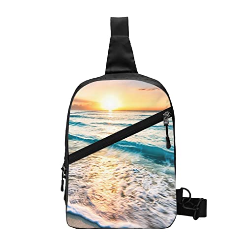 Beach Sunset Ocean Waves Sling Bag Faltbarer Crossbody Rucksack Brustrucksack für Männer Frauen, verstellbare linke und rechte Schulter Sport Casual Daypack von VGFJHNDF