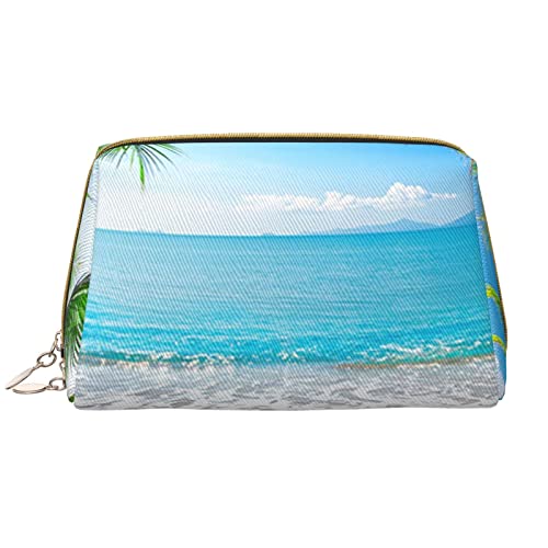 Beach Wave Sunset Bedruckte Leder Make-up Tasche für Frauen Mädchen - Tragbare Reise Kosmetik Organizer Kulturbeutel, Ocean Sea Beach Palmblätter, Einheitsgröße von VGFJHNDF