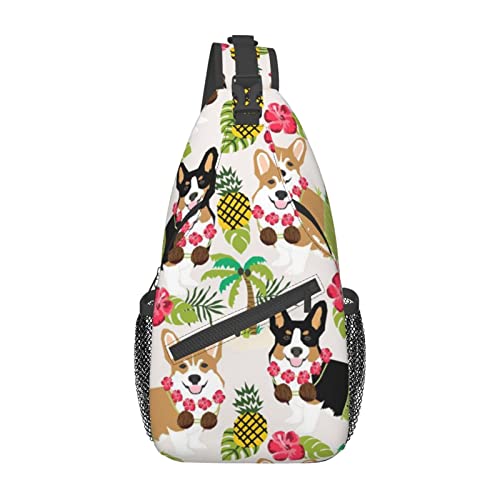 Beach Wave Sunset Sling Bag Travel Crossbody Rucksack Chest Pack für Männer Frauen, verstellbare linke und rechte Schultern, Wandern, Casual Daypack, Tropische Blume und Corgi, Einheitsgröße von VGFJHNDF