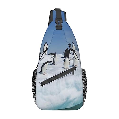 Blau-violette Schmetterlings-Schultertasche, Reise-Umhängetasche, Brusttasche, Brusttasche, für Männer und Frauen, verstellbare linke und rechte Schultern, Wandern, lässiger Tagesrucksack, Snow Mountain Pinguin, Einheitsgröße von VGFJHNDF