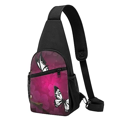 Bunte Schmetterlinge auf Blumen, Schultertasche, Crossbody-Rucksack, Brusttasche für Männer und Frauen, verstellbare linke und rechte Schulter, Wandern, lässiger Tagesrucksack, Schwarz-Weißer Schmetterling, Einheitsgröße von VGFJHNDF