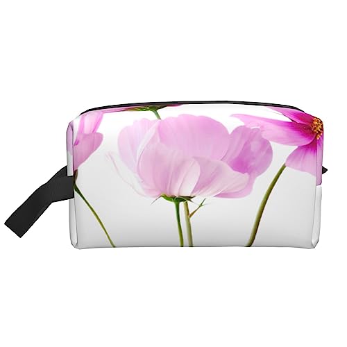 Bunte handgezeichnete Kunst mit Pfeilen im Boho-Stil, Reise-Make-up-Tasche mit Griffschlaufe – große Kapazität, tragbare Kosmetiktasche für Damen und Mädchen, Geschenke, Rosa Blattblumen., von VGFJHNDF