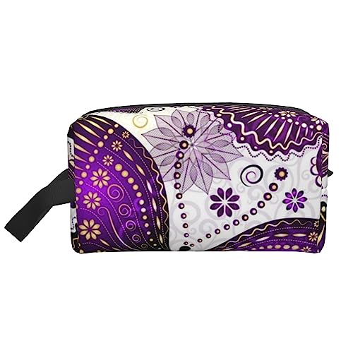 Bunte handgezeichnete Kunst mit Pfeilen im Boho-Stil, Reise-Make-up-Tasche mit Griffschlaufe – große Kapazität, tragbare Kosmetiktasche für Damen und Mädchen, Geschenke, Violett-goldene von VGFJHNDF