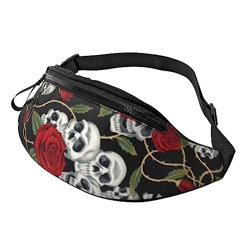 Coole Gürteltasche mit Totenkopf- und Rosenmotiv, für Reisen, mit Reißverschluss und Kopfhörerloch, Laufgürteltasche mit verstellbarem Gürtel für Damen und Herren, Coole Totenkopf und Rosen, Einheitsgröße von VGFJHNDF