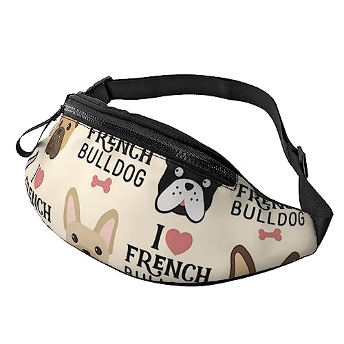 Eiffelturm Love Paris Sport Hüfttasche Reise Bauchtaschen mit Reißverschluss und Kopfhörerloch, Laufgürteltasche mit verstellbarem Gürtel für Damen und Herren, Französische Bulldogge, Einheitsgröße von VGFJHNDF