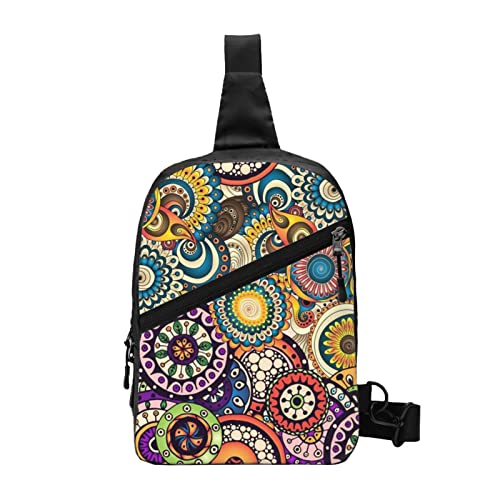 Gestreifte Schultertasche Faltbarer Crossbody Rucksack Brustrucksack für Männer Frauen, verstellbare linke und rechte Schulter Sport Casual Tagesrucksack, Ethnische Kreise Blumenmuster, Einheitsgröße von VGFJHNDF