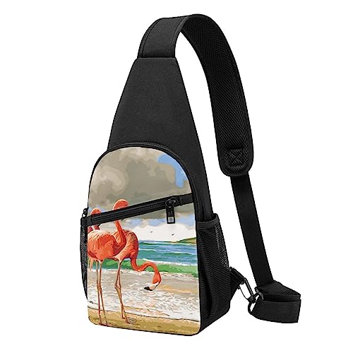 Handgezeichnete Blumen-Schultertasche, Crossbody-Rucksack, Brusttasche für Männer und Frauen, verstellbare linke und rechte Schulter, Wandern, lässiger Tagesrucksack, Flamingo Beach, Einheitsgröße von VGFJHNDF