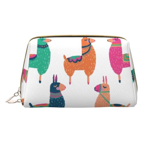 Kosmetiktasche aus Leder, bedruckt, für Damen, Mädchen, klein, tragbar, Reise-Kosmetik-Organizer, Kulturbeutel, Niedliches Llama Cartoon, Einheitsgröße von VGFJHNDF