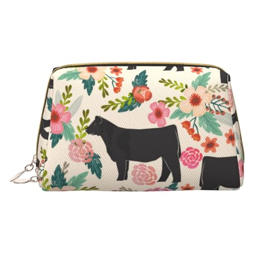 Kosmetiktasche aus Leder mit Hundepfotenabdrücken für Damen und Mädchen, klein, tragbar, Reise-Kosmetik-Organizer, Kulturbeutel, Pink Flower Show Steer Cows Rinder, Einheitsgröße von VGFJHNDF