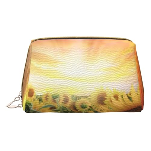 Kosmetiktasche aus Leder mit niedlichem Hundemotiv für Damen und Mädchen, klein, tragbar, Reise-Kosmetik-Organizer, Kulturbeutel, Sonnenblumen Sonnenuntergang Sonnenlicht Landschaft, Einheitsgröße von VGFJHNDF