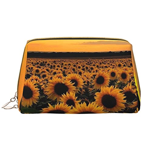 Make-up-Tasche aus Leder für Damen und Mädchen, gestreift, tragbar, Reise-Kosmetik-Organizer, Kulturbeutel, Grau, Sonnenblume und Sonnenuntergang., Einheitsgröße von VGFJHNDF