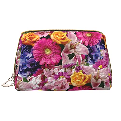 Make-up-Tasche aus Leder mit pinkem Flamingo-Vogel für Frauen und Mädchen – tragbarer Reise-Kosmetik-Organizer Kulturbeutel, Rosa Blumen und goldene Rosen, Einheitsgröße von VGFJHNDF