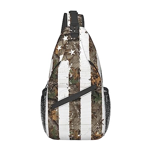 Niedliche Palmenblätter Sling Bag Reise Crossbody Rucksack Brusttasche für Männer Frauen, verstellbare linke und rechte Schultern, Wandern, Casual Daypack, American Camouflage, Einheitsgröße von VGFJHNDF