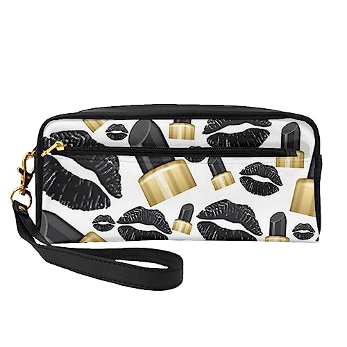 Pflaumenblüten-Reise-Make-up-Tasche mit Griffschlaufe – weiches und vielseitiges PU-Leder, tragbare Kosmetiktasche für Damen und Mädchen, Geschenke, Coole schwarze Lippen, Einheitsgröße von VGFJHNDF