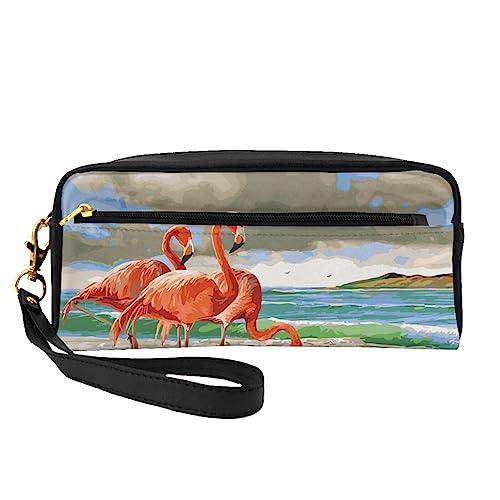 Pflaumenblüten-Reise-Make-up-Tasche mit Griffschlaufe – weiches und vielseitiges PU-Leder, tragbare Kosmetiktasche für Damen und Mädchen, Geschenke, Flamingo Beach, Einheitsgröße von VGFJHNDF