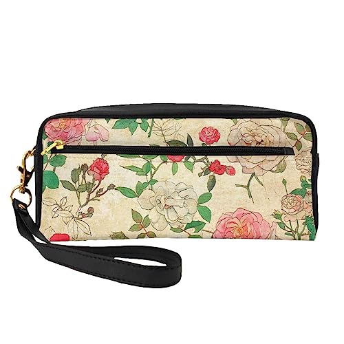 Pflaumenblüten-Reise-Make-up-Tasche mit Griffschlaufe – weiches und vielseitiges PU-Leder, tragbare Kosmetiktasche für Damen und Mädchen, Geschenke, Rosa und weiße Pfingstrosen, Einheitsgröße von VGFJHNDF