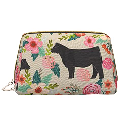 Pink Flower Show Steer Kühe Rinder Bedruckte Leder Make-up Tasche für Frauen Mädchen - Tragbare Reise Kosmetik Organizer Kulturbeutel, Pink Flower Show Steer Kühe Rinder 1, Einheitsgröße von VGFJHNDF