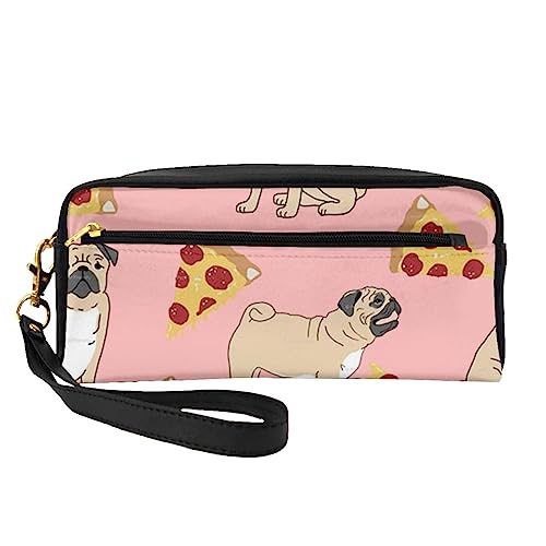 Reise-Make-up-Tasche mit Griffschlaufe – weiches und vielseitiges PU-Leder, tragbare Kosmetiktasche für Damen und Mädchen, Gelb, Mops Pizza Rosa, Einheitsgröße von VGFJHNDF