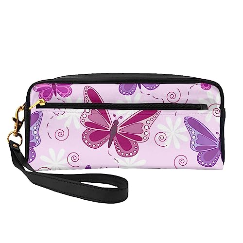 Reise-Make-up-Tasche mit Griffschlaufe – weiches und vielseitiges PU-Leder, tragbare Kosmetiktasche für Damen und Mädchen, Gelb, rosa Schmetterling (Pink Butterfly), Einheitsgröße von VGFJHNDF