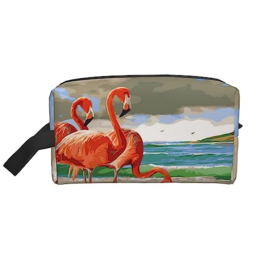 Reise-Make-up-Tasche mit Handschlaufe mit Palmenblättern, große Kapazität, tragbar, Kosmetiktasche für Damen und Mädchen, Geschenke, Flamingo Beach, Einheitsgröße von VGFJHNDF