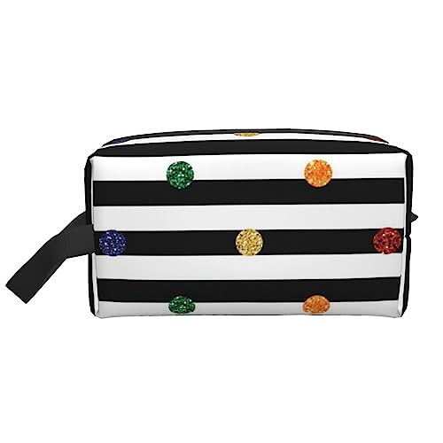 Reise-Make-up-Tasche mit Tragegriff, Leopardenmuster, große Kapazität, tragbar, Kosmetiktasche für Damen und Mädchen, Geschenke, Glitzer-Regenbogen-Punkt-Streifen, Schwarz und Weiß, Einheitsgröße von VGFJHNDF