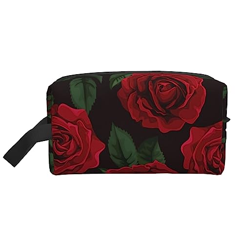 Reise-Make-up-Tasche mit Tragegriff, Leopardenmuster, große Kapazität, tragbar, Kosmetiktasche für Damen und Mädchen, Geschenke, rote rose, Einheitsgröße von VGFJHNDF