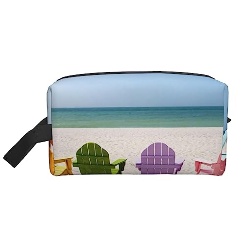 Reise-Make-up-Tasche mit Tragegriff, Sonnenblumen, gelbe Blumen, große Kapazität, tragbar, Kosmetiktasche für Damen und Mädchen, Geschenke, Stühle Beside The Blue Sea Sky, Einheitsgröße von VGFJHNDF