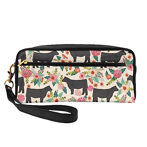 Reise-Make-up-Tasche mit Tragegriff, Zebramuster, weiches und vielseitiges PU-Leder, tragbare Kosmetiktasche für Damen und Mädchen, Rosa Blume Show Steer Kühe Rinder 2, Einheitsgröße von VGFJHNDF