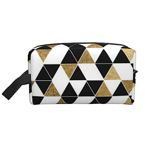 Reise-Make-up-Tasche mit Tragegriff, gestreift, große Kapazität, tragbar, Kosmetiktasche für Damen und Mädchen, Geschenk, Moderne, schwarz-weißgoldene Dreiecke., Einheitsgröße von VGFJHNDF