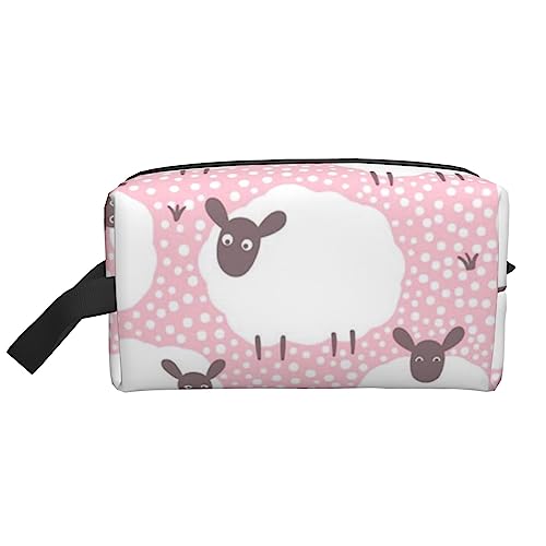 Reise-Make-up-Tasche mit Tragegriff, große Kapazität, tragbar, Kosmetiktasche für Damen und Mädchen, Weißes Schaf auf rosa Hintergrund, Einheitsgröße von VGFJHNDF